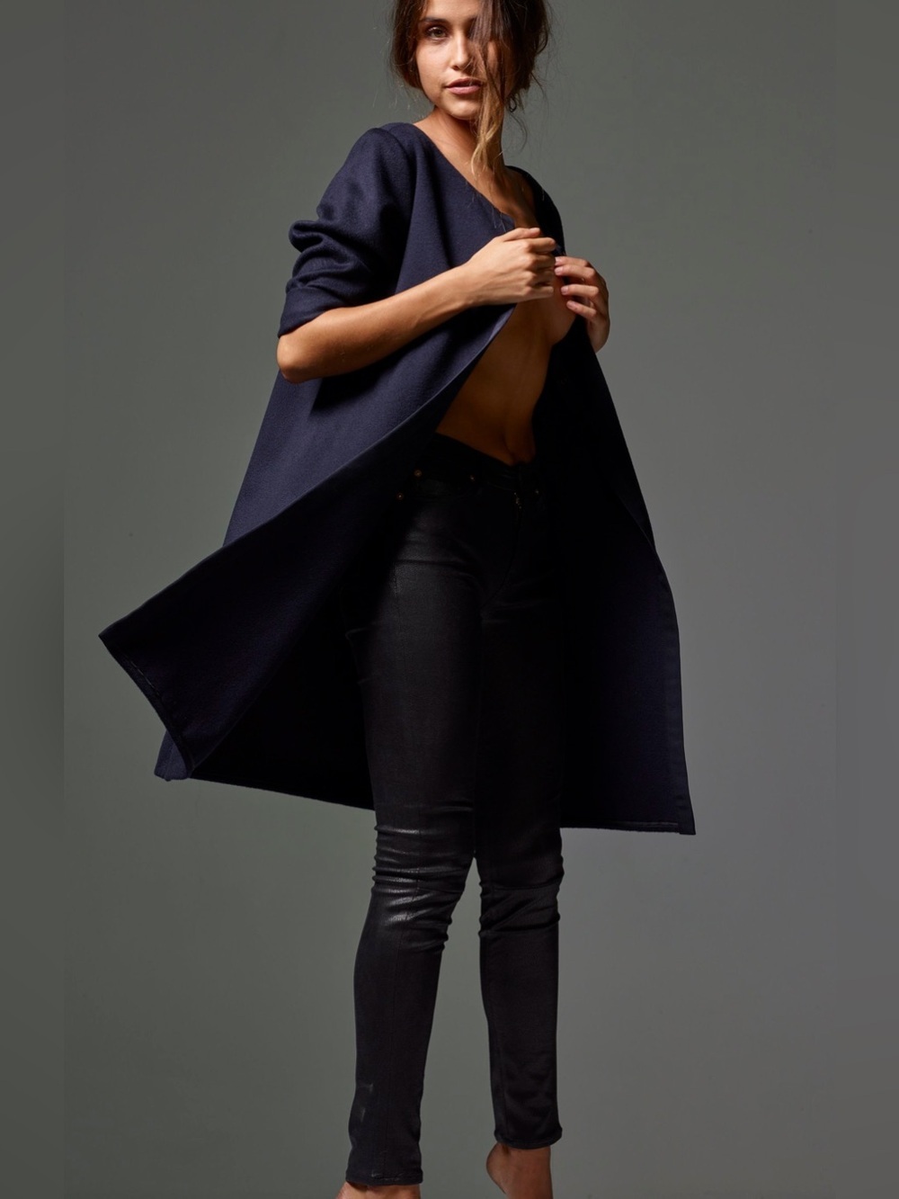 HARWOOD SAN FRANCISCO 100% Cashmere Navy Blue Duster Coat Size Medium VGUC